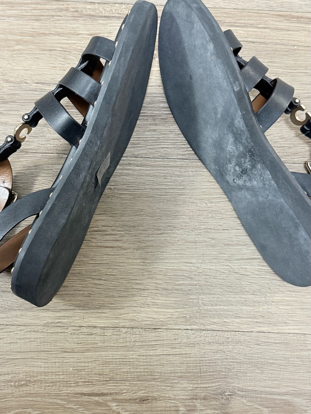 Coach Black Leather Stud-Trim Gladiator Sandals with Gold Logo - Picture 8 of 9